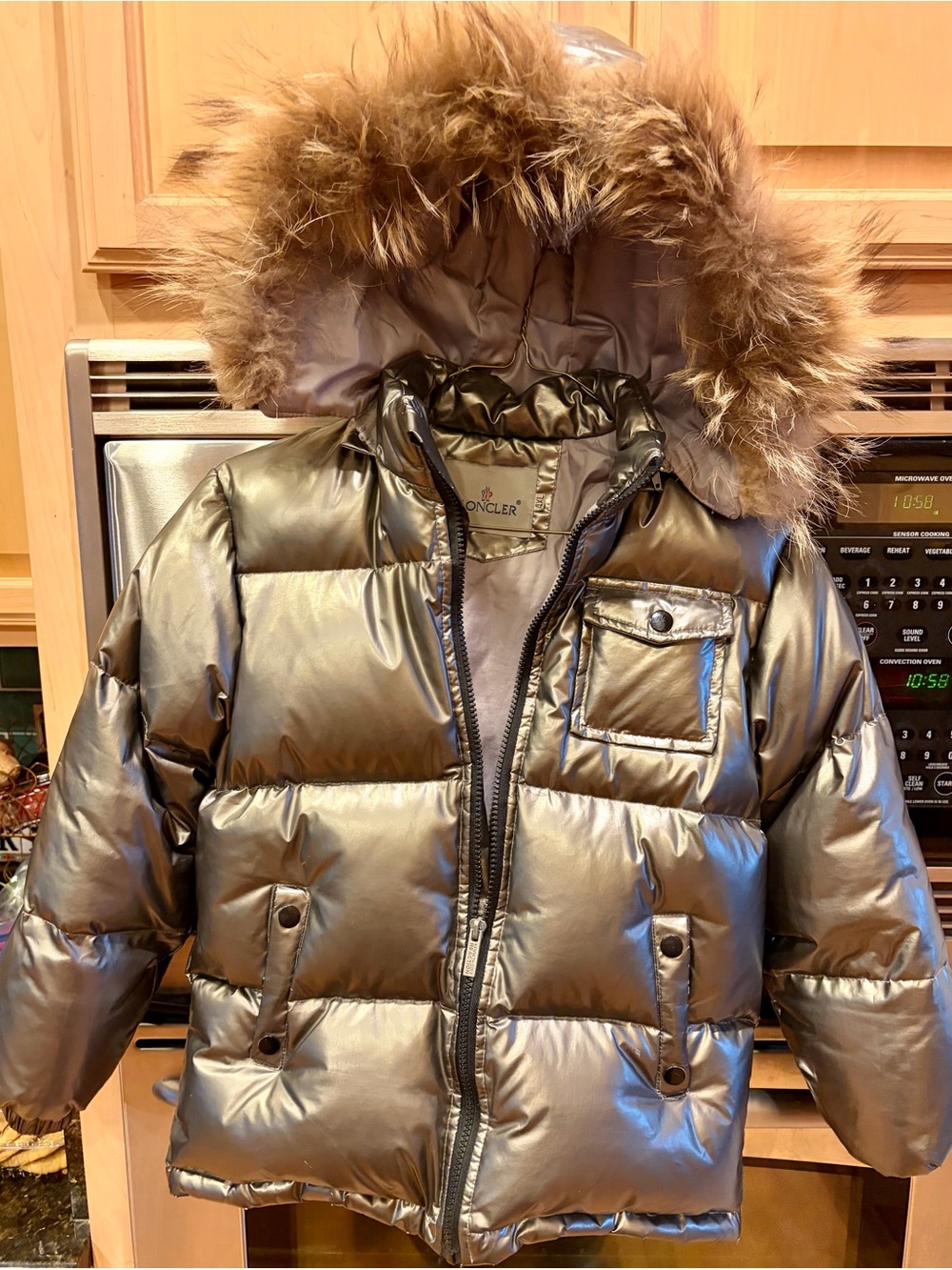 Moncler Kids Metallic Bronze Puffer Jacket with Faux Fur Hood